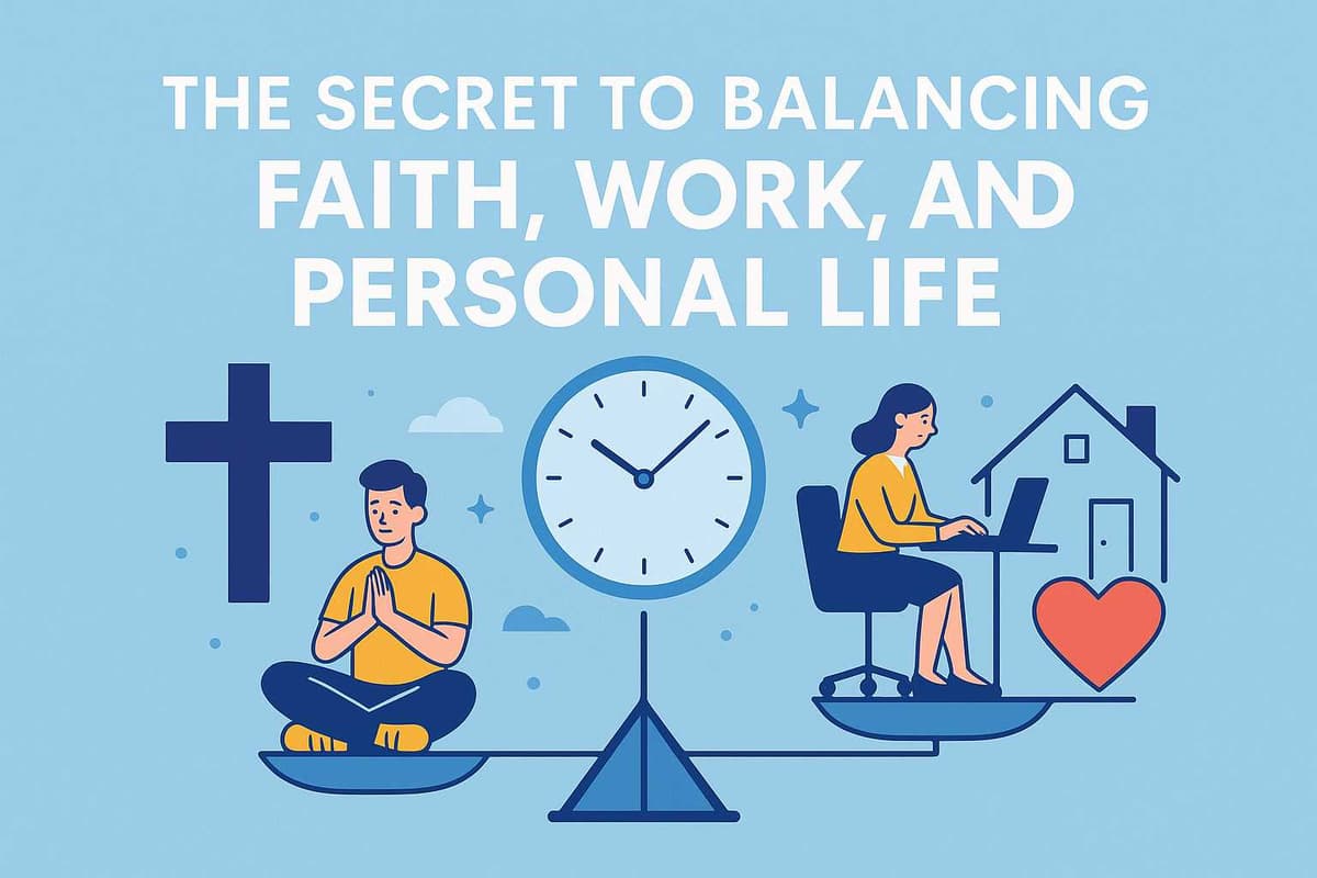 Flat-style illustration showing symbols of faith, work, and personal life balanced with a clock, alongside the title “The Secret to Balancing Faith, Work, and Personal Life”.